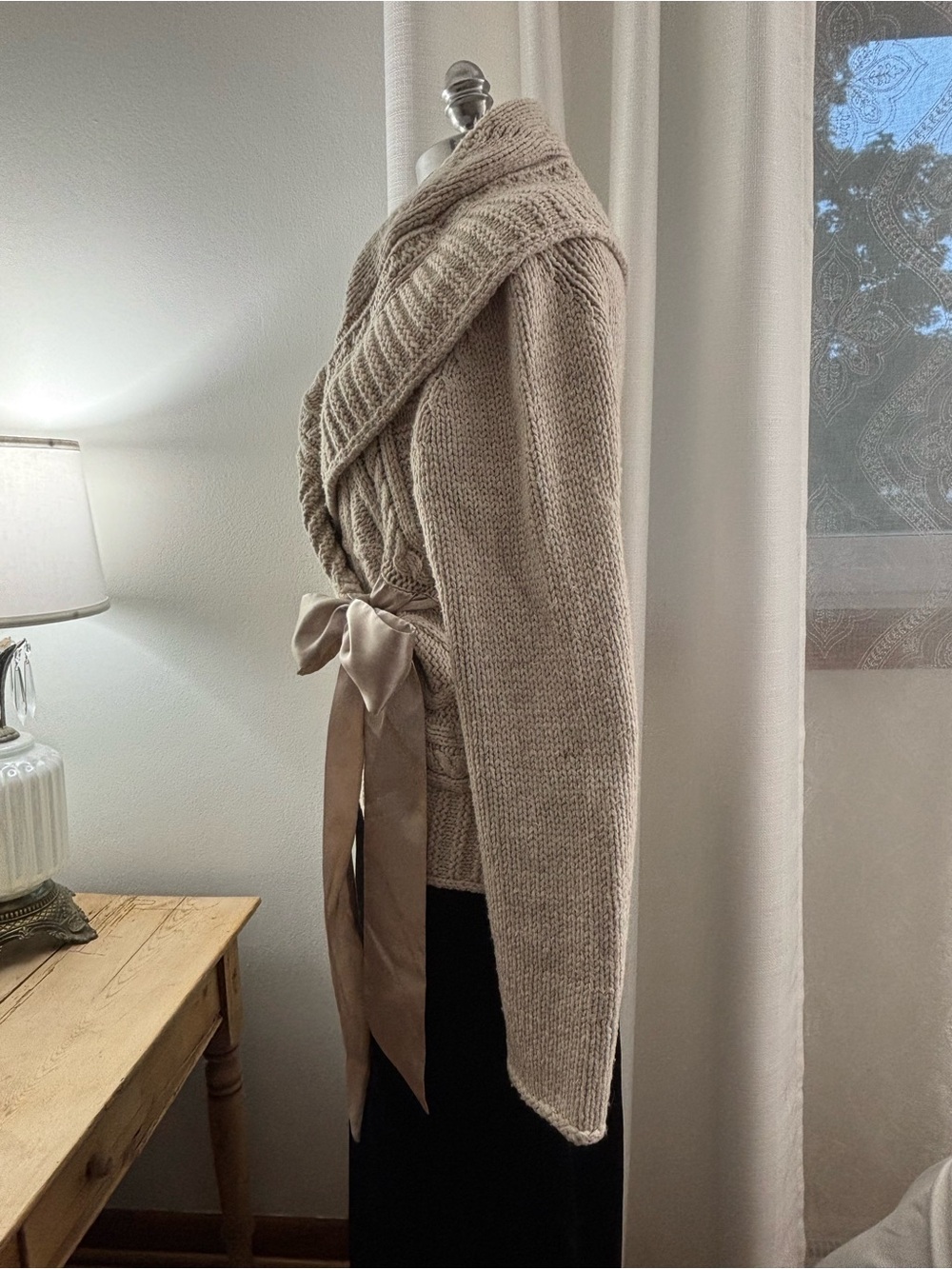 Apt. 9 Cream Knit Wrap Cardigan with Satin Side Tie, L, VGUC - Picture 3 of 9